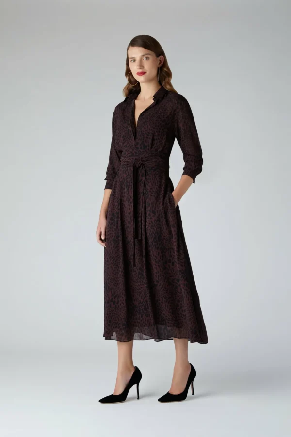 Jasper Conran Eden Printed Shirt Georgette Dress Choc Cheap