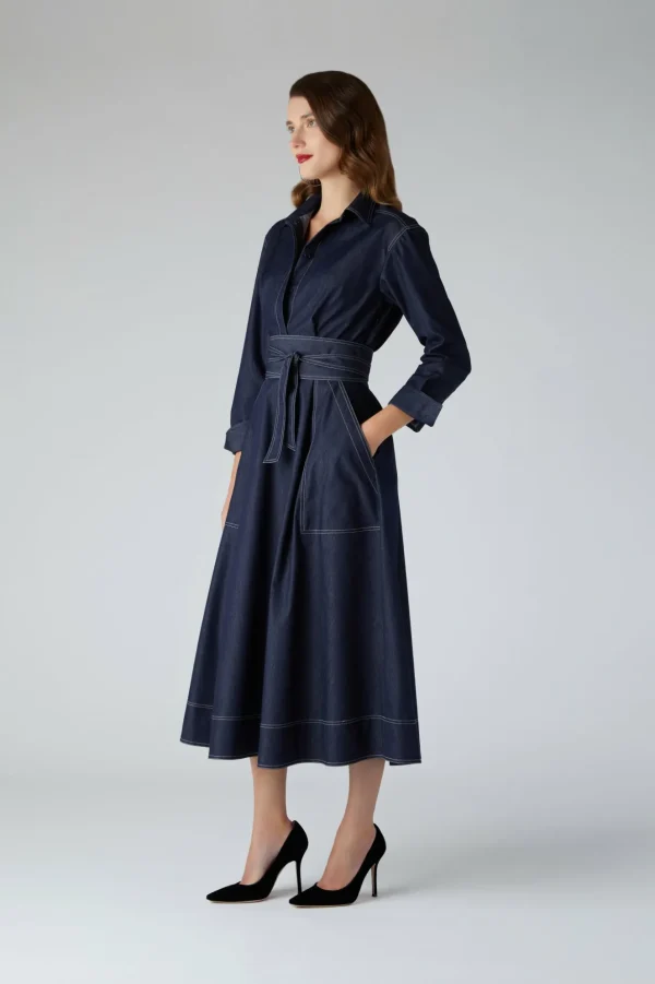 Jasper Conran Ella Denim Full Skirt Shirt Dress Blue Clearance