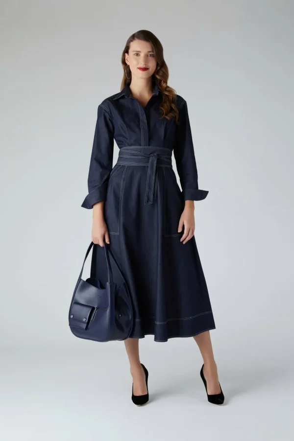 Jasper Conran Ella Denim Full Skirt Shirt Dress Blue Clearance